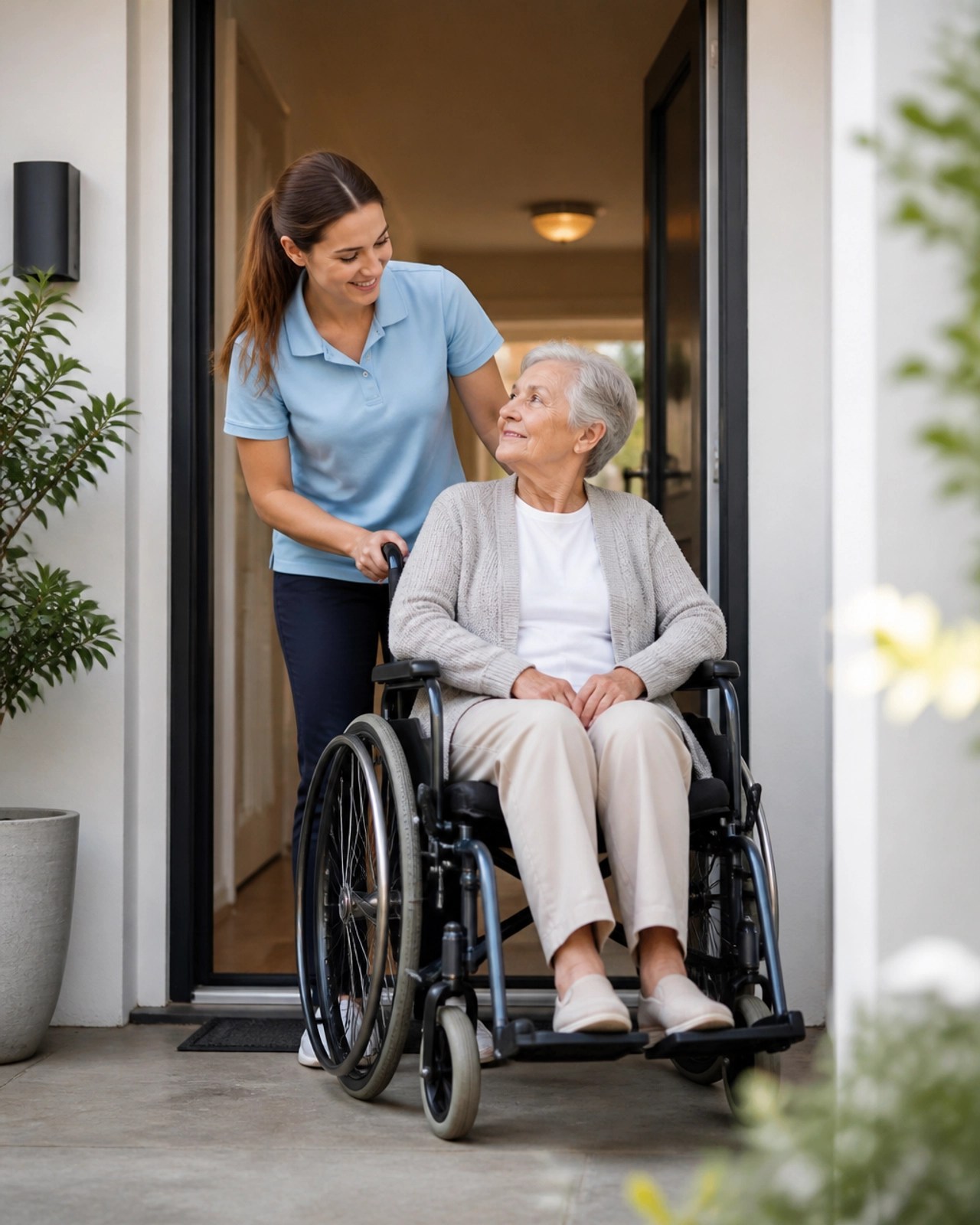Caregiver helping an elderly patient in a wheelchair at the door