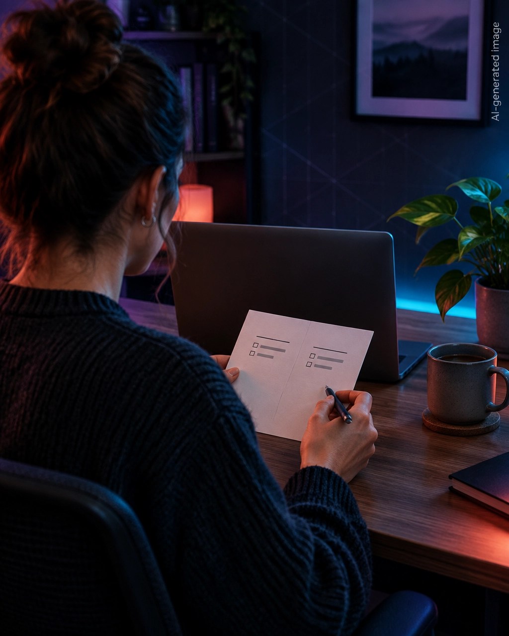 Founder comparing two simple title options on paper