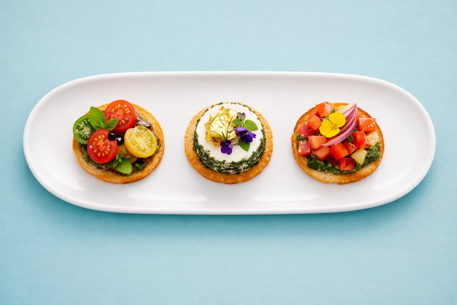 Modern wedding catering featuring fresh Kentish canapés on a minimalistic pastel background.