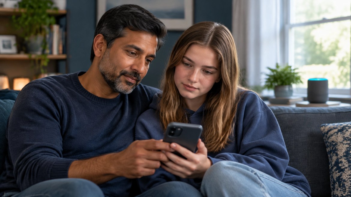 Character.AI bankruptcy: a father and teenage daughter reviewing a phone together and discussing chat privacy