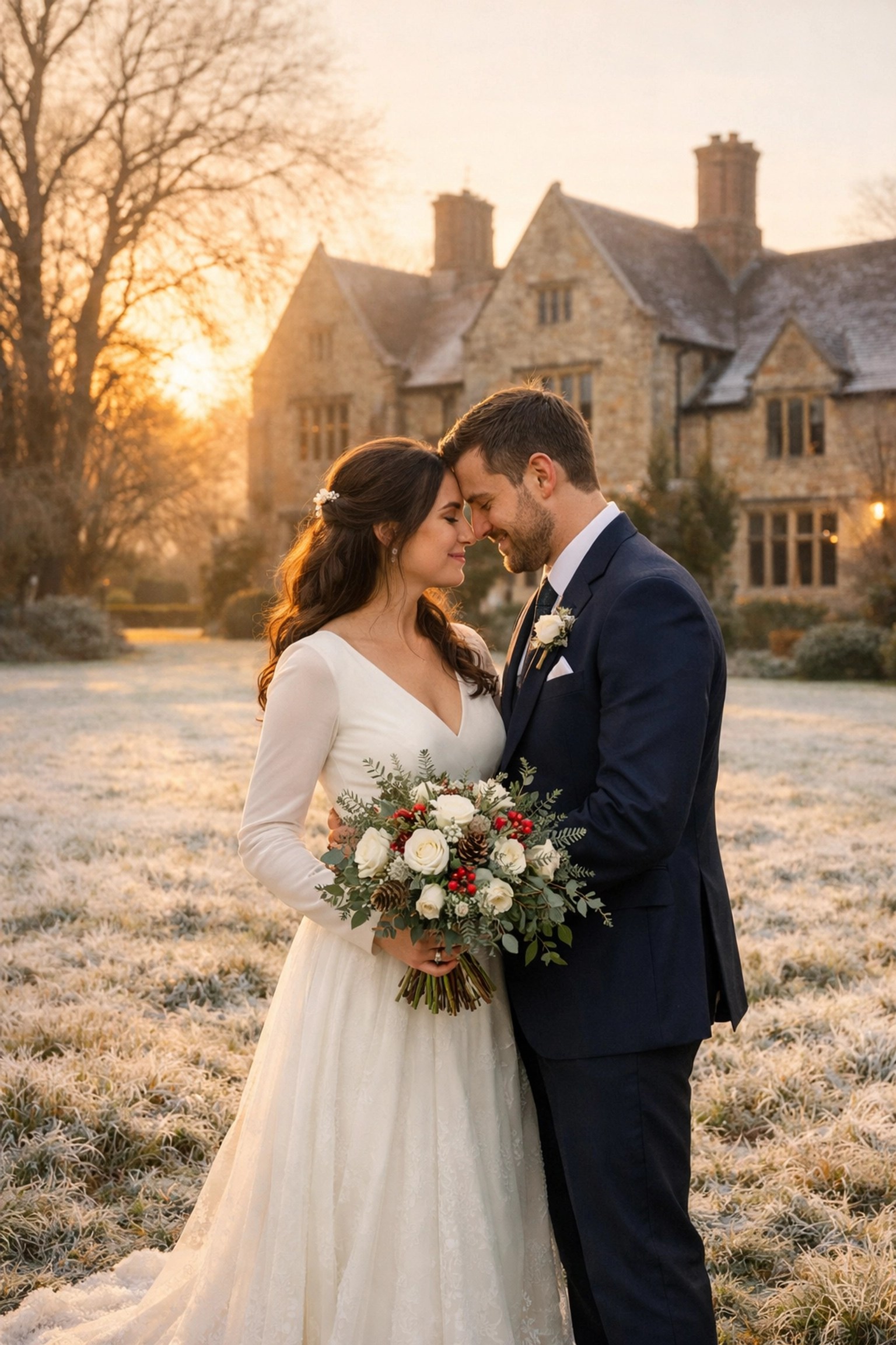 Bride and groom winter wedding photos at Kent manor house during golden hour