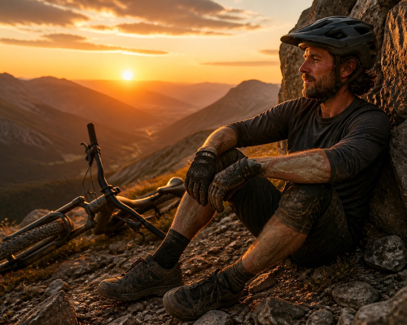 Mountain biker using green healing clay on shins for natural recovery while resting on a high-altitude trail.