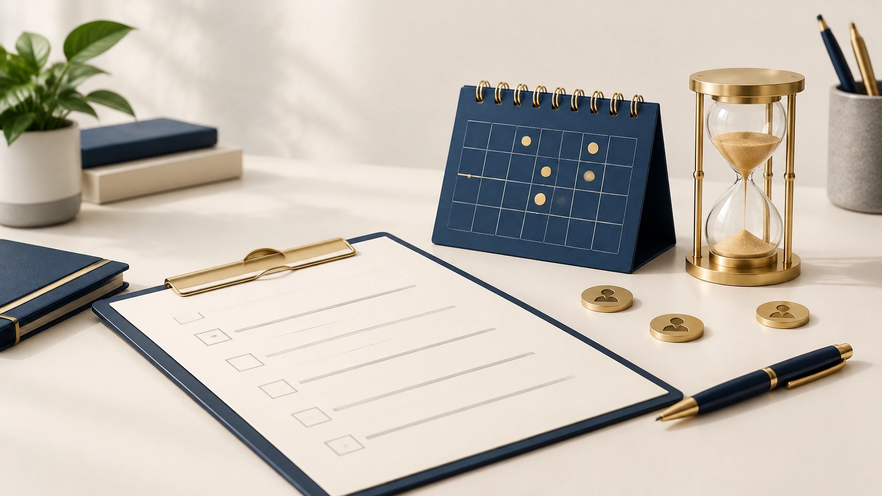 An organized cream authorization log beside a navy calendar and gold hourglass, illustrating deadline tracking and task ownership