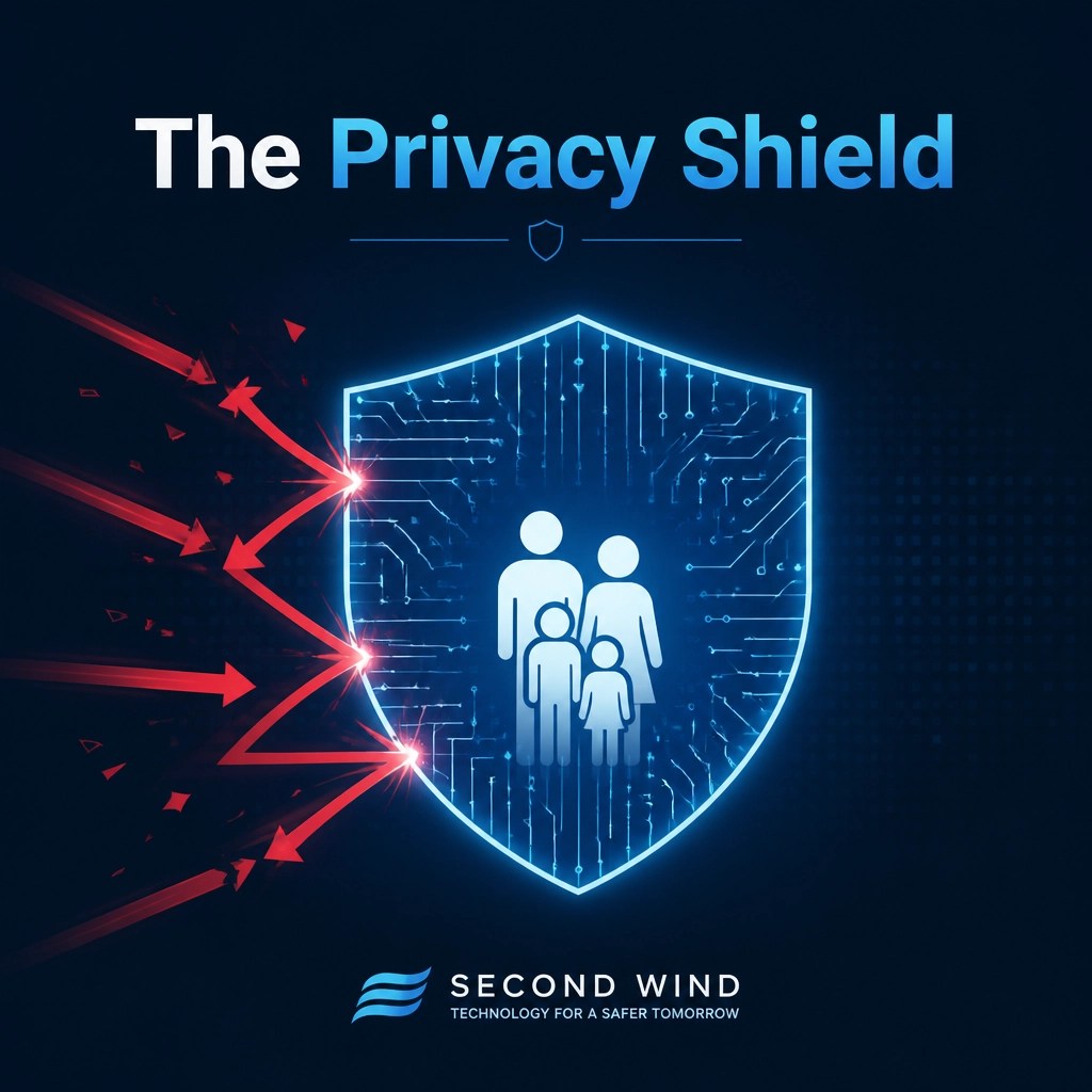 A digital shield protecting a family, representing the goal of modern encryption and privacy standards.