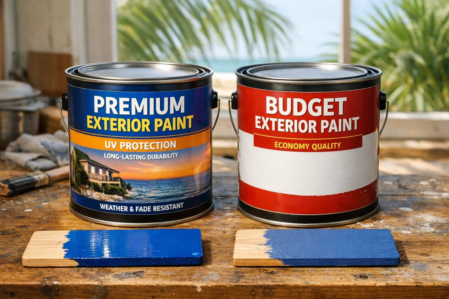 Premium vs standard exterior paint comparison showing quality difference for Florida climate
