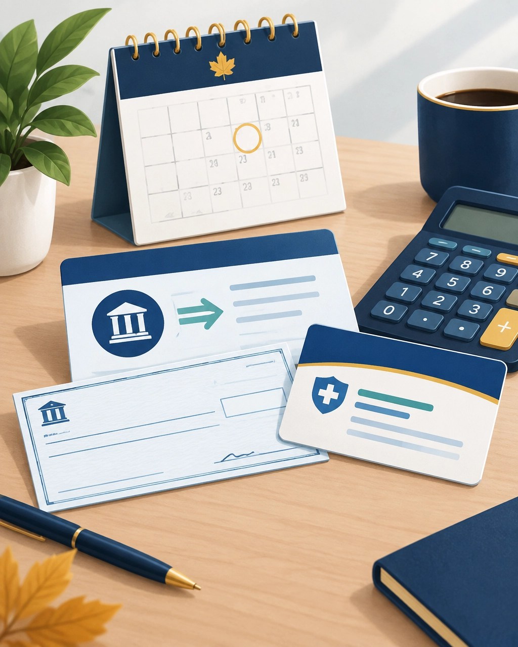Medicare direct deposit and paper check represented beside a Medicare card and October calendar