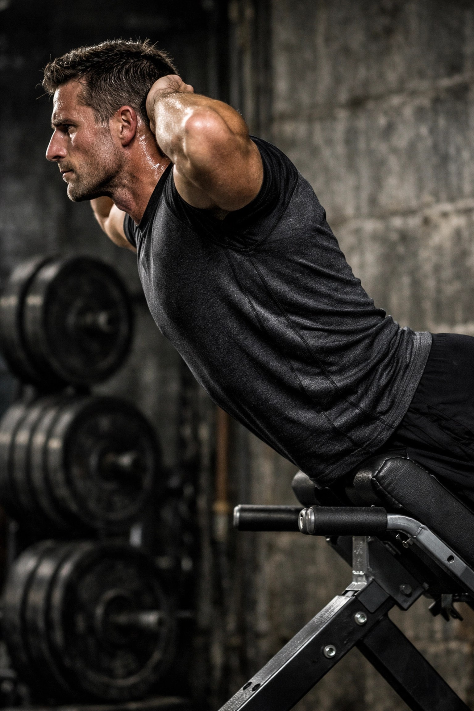 Professional athlete Tibs Parise performing hyperextensions with neutral spine for lower back strength and stability.