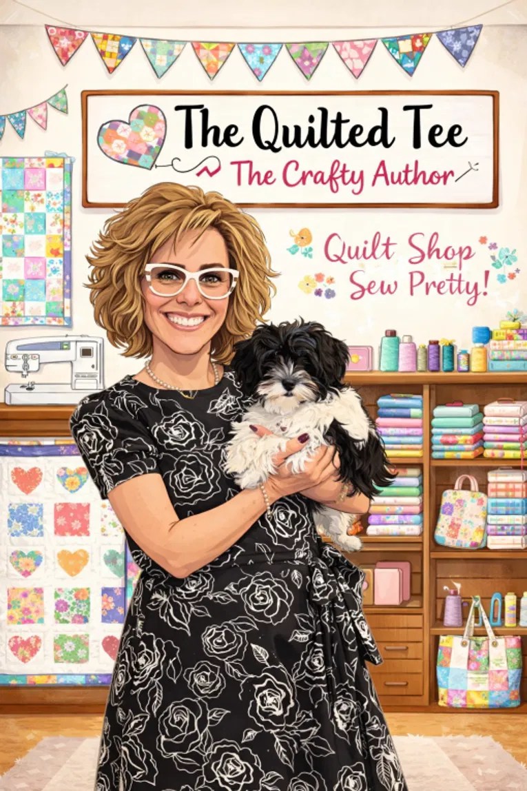 Anisa in her quilt shop with her dog