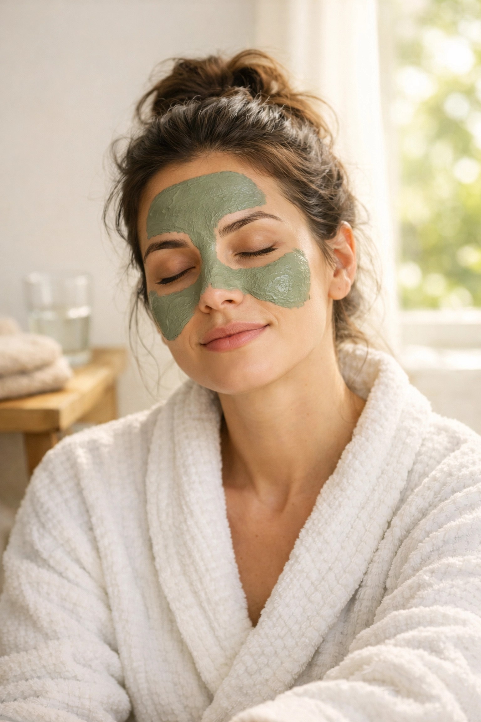 New parent using a green clay face mask for a quick 10-minute self-care skin reset.