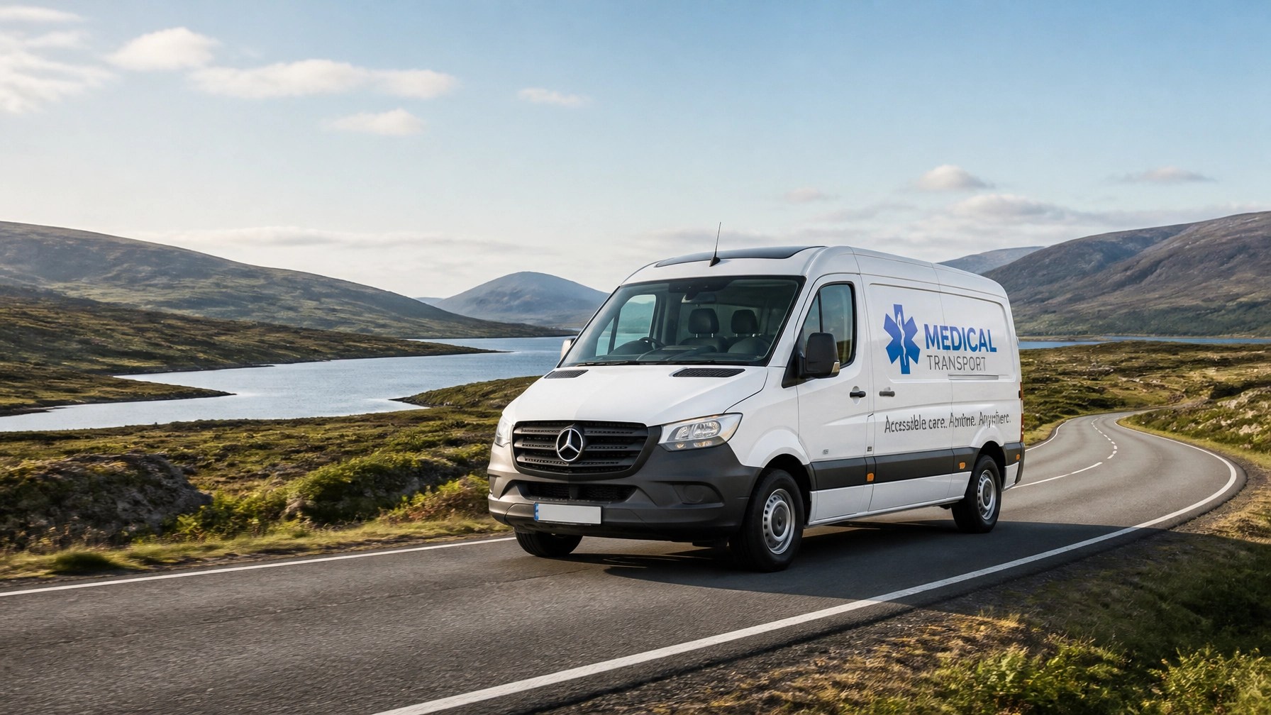 A medical transport van driving through a scenic, remote rural landscape