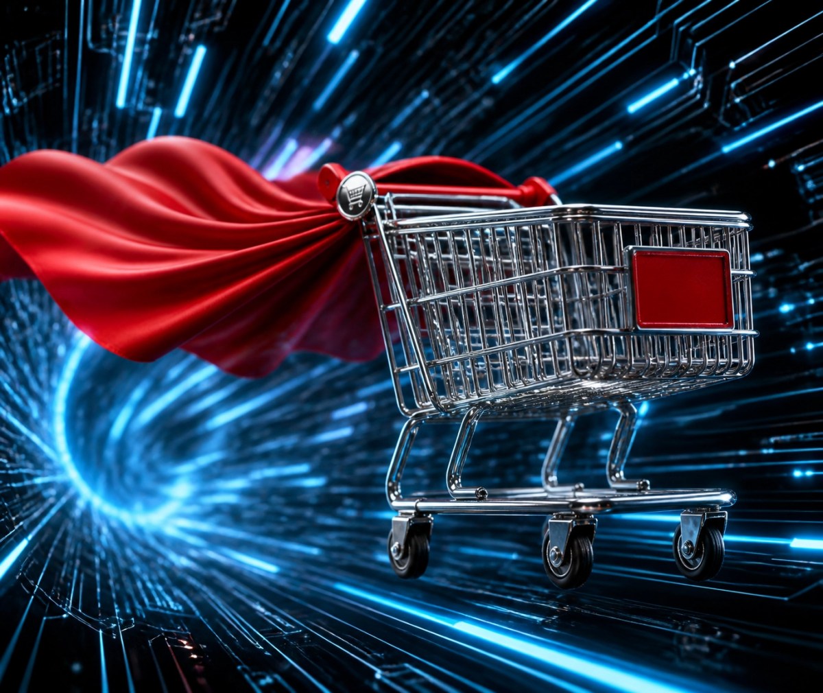 Superhero shopping cart flying through digital space, representing automated abandoned cart recovery.