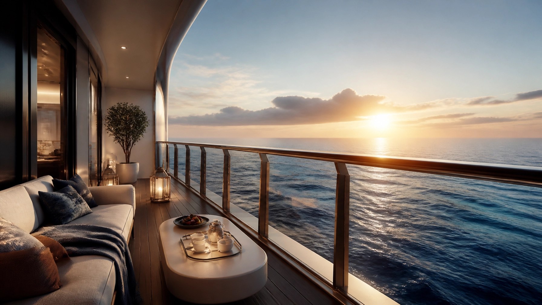 Private cruise ship balcony with stylish seating overlooking a serene open-ocean sunrise