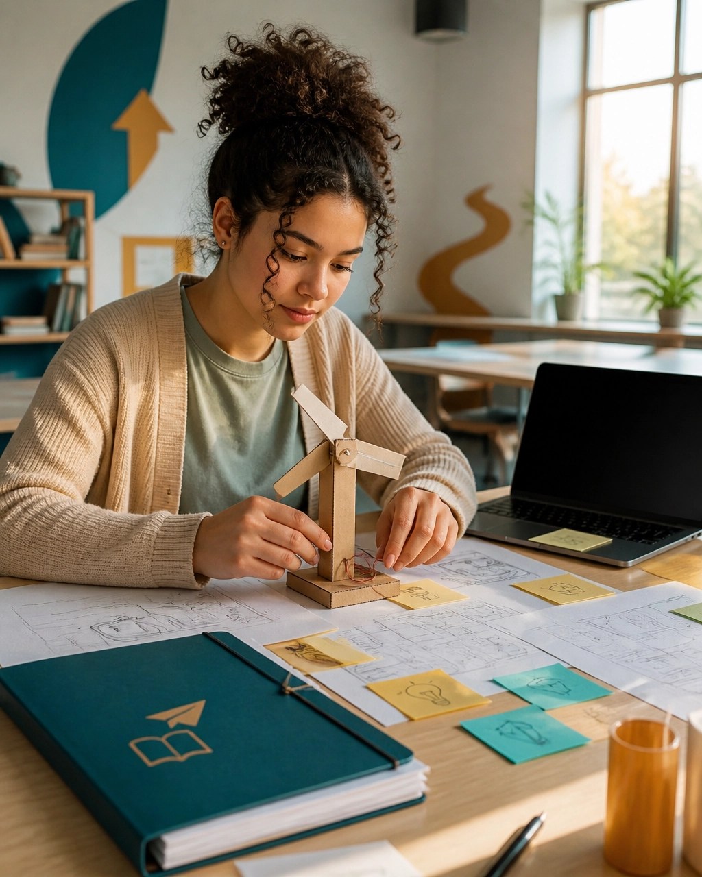 A diverse student building a hands on micro project with sketches, notes, and a portfolio folder at a bright makerspace table