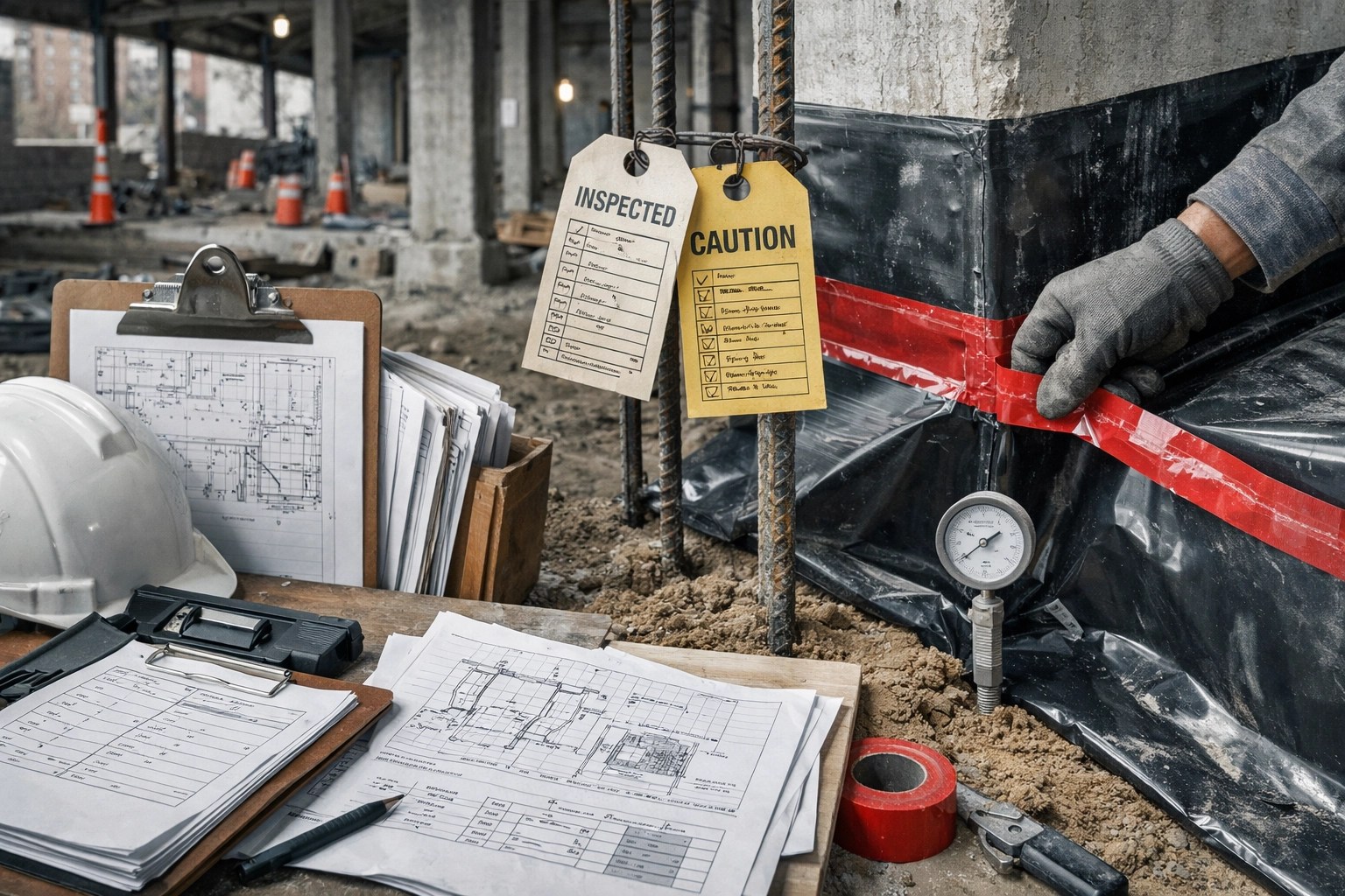 Vapor barrier installation detail with inspection tags and CHASP checklist for NYC OER E-Designation compliance