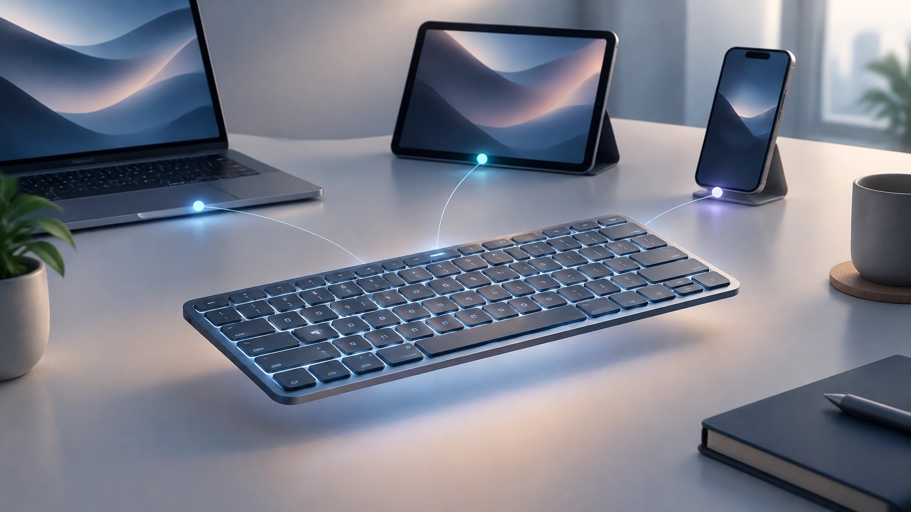 Hands typing on a softly backlit low-profile keyboard