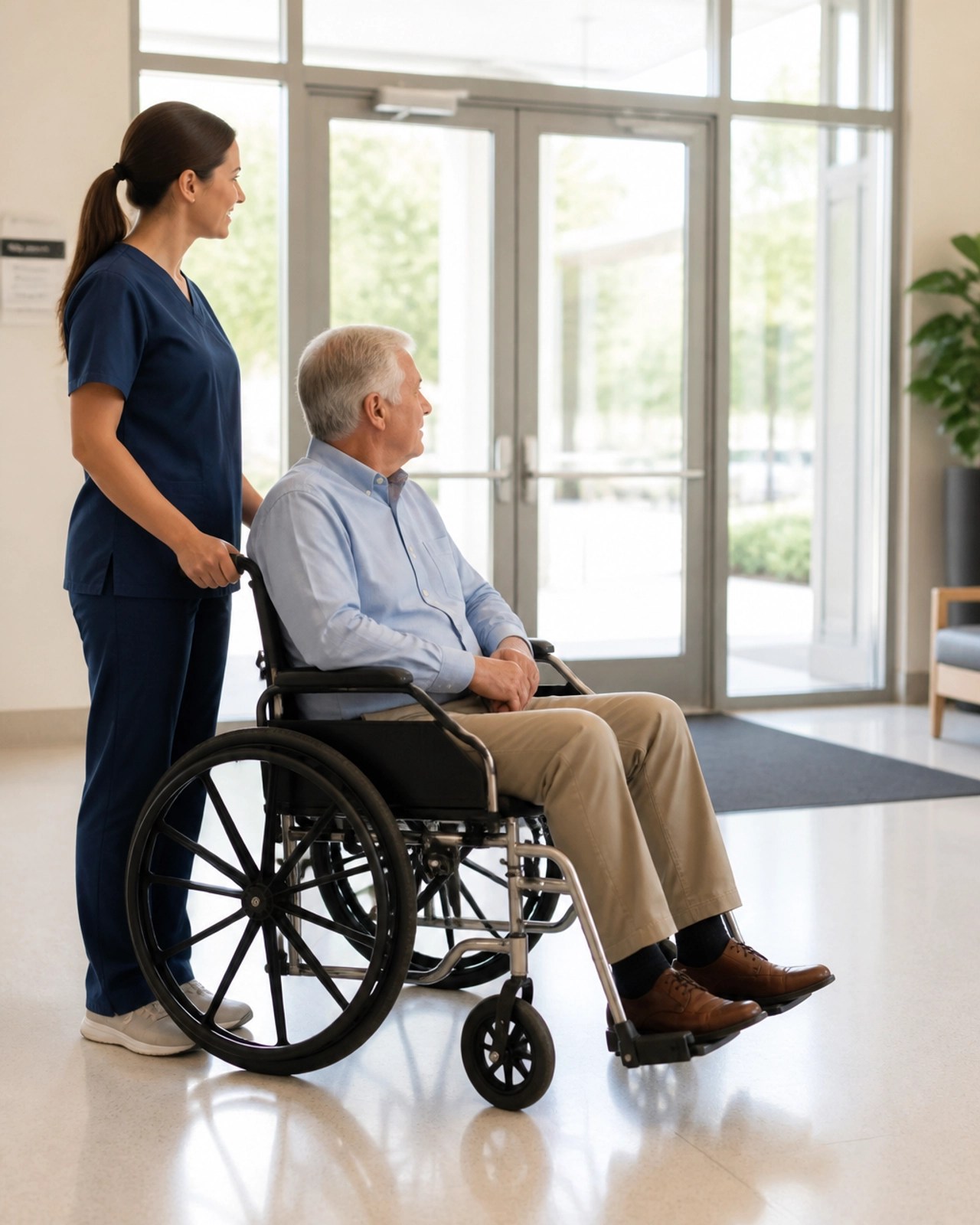 A patient and caregiver waiting calmly near a bright entrance