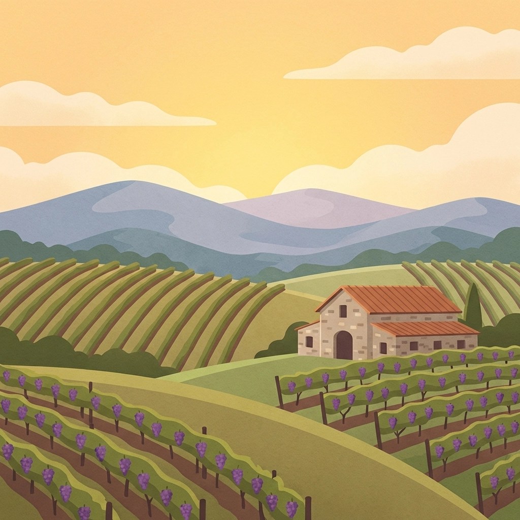 Illustration of rolling Virginia vineyards and hills at sunset, highlighting scenic winery landscapes for birthday tours.