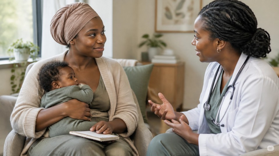 Return to exercise after childbirth: a Black mother holding her baby talks through postpartum recovery with a clinician during an appointment.