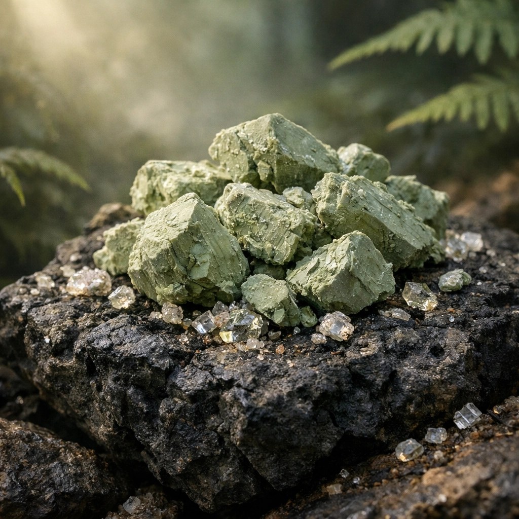 Mineral-rich raw French green illite clay on volcanic rock used for food grade clay and natural healing.