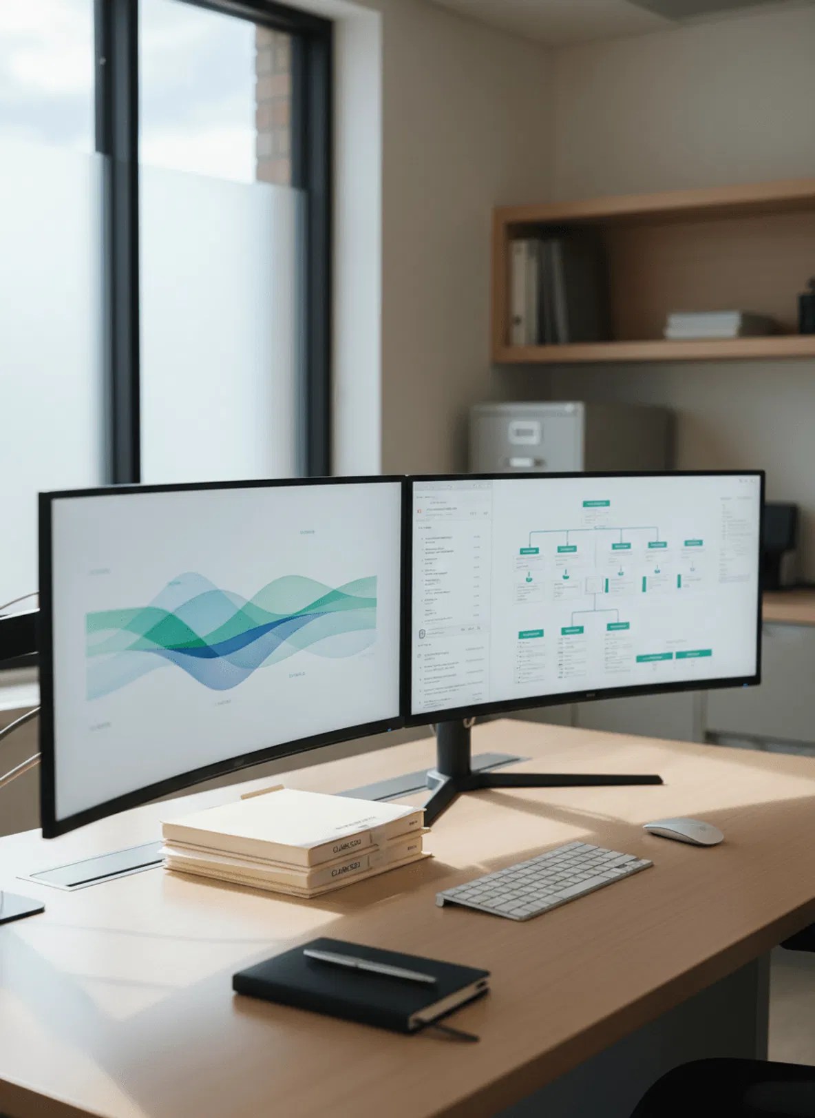 Organized workstation displaying de-identified revenue cycle data and workflow information