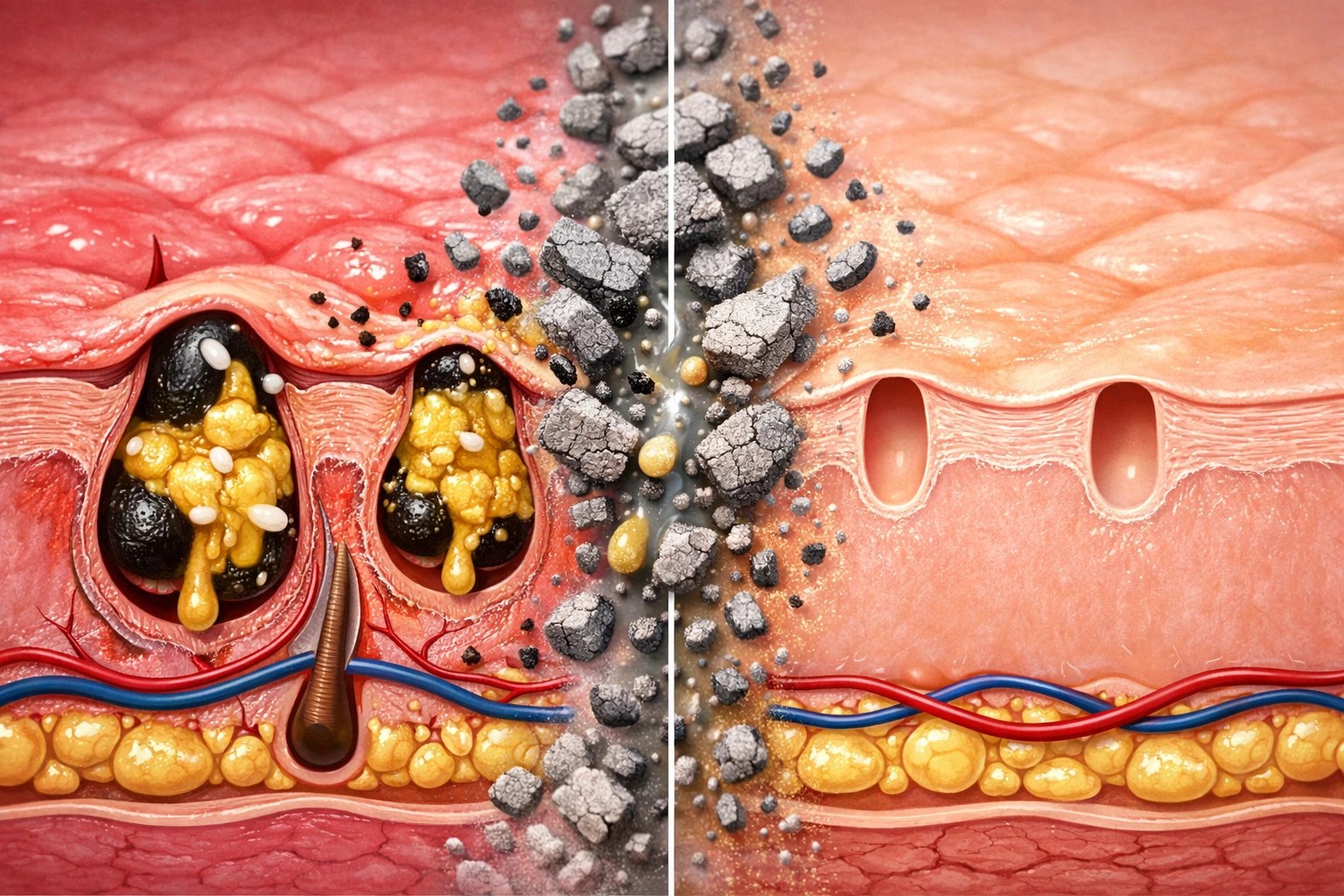 Before and after comparison showing bentonite clay clearing clogged pores and removing impurities from skin