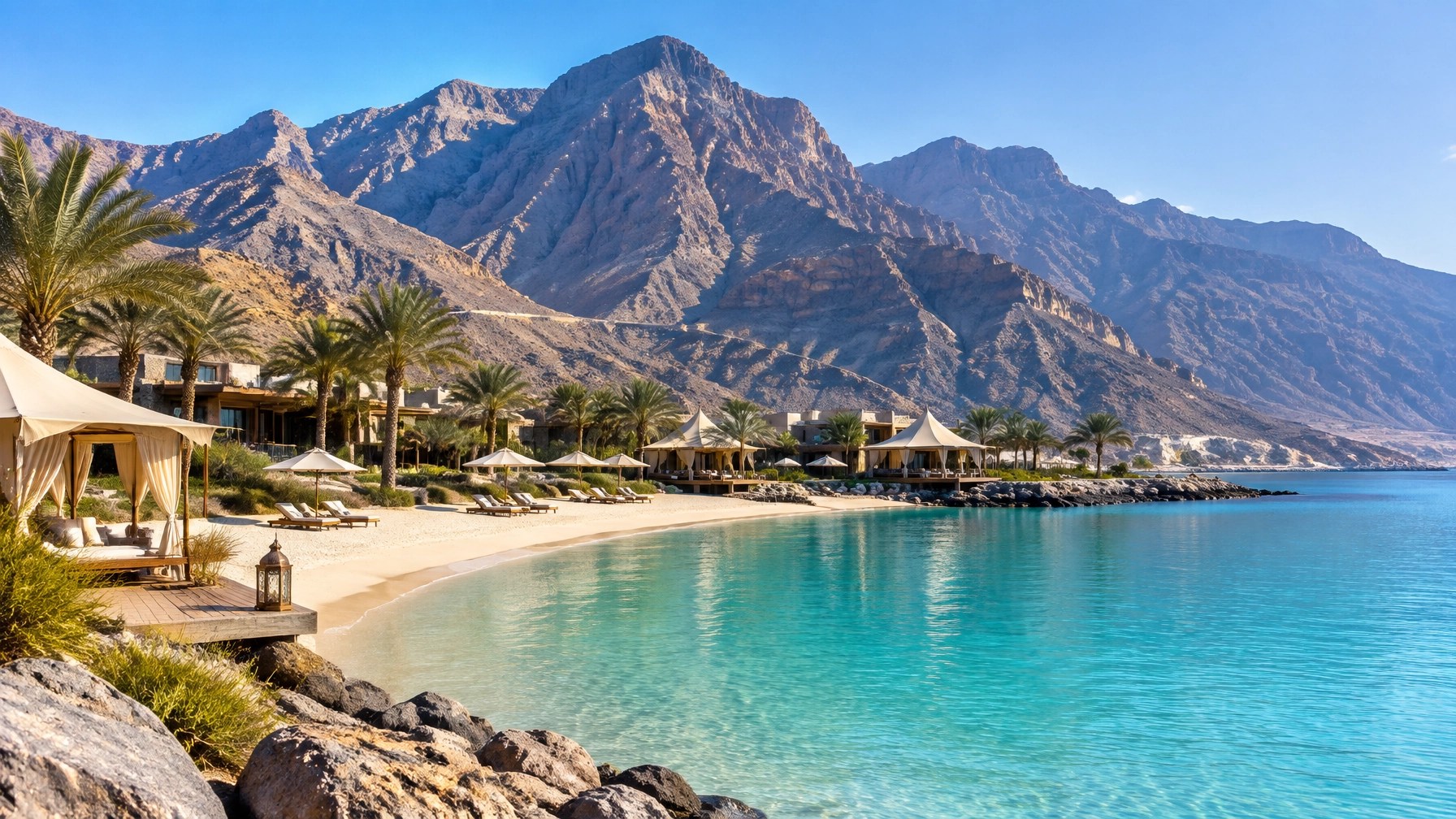Ras Al Khaimah beachfront resort with turquoise Gulf water and dramatic Jebel Jais mountains