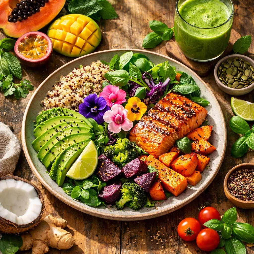 Gourmet wellness meal with fresh vegetables, salmon, and healthy ingredients