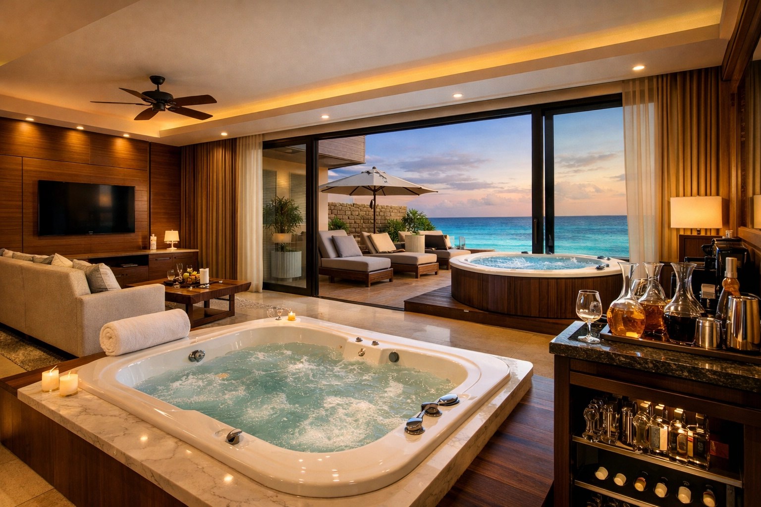 Luxury suite at Moon Palace The Grand – Punta Cana featuring a private jacuzzi and oceanfront terrace view.