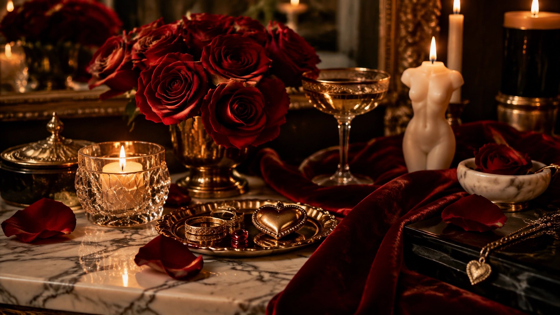 Luxury divine feminine altar with red roses, candlelight, gold heart charm, and marble textures for feminine energy and manifesting love