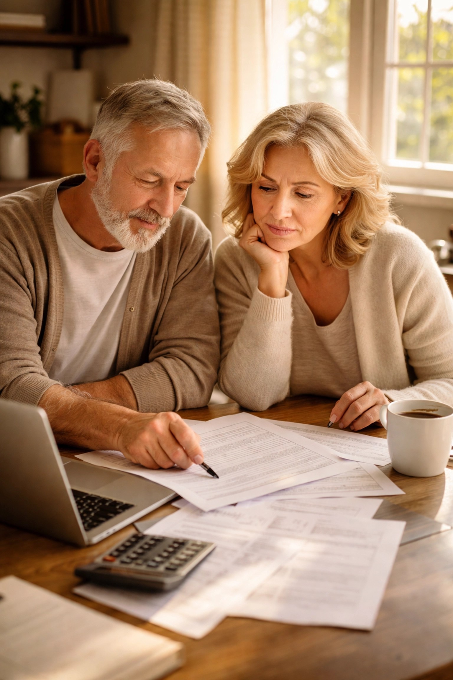 Retired couple reviewing financial documents together to plan strategic retirement withdrawals