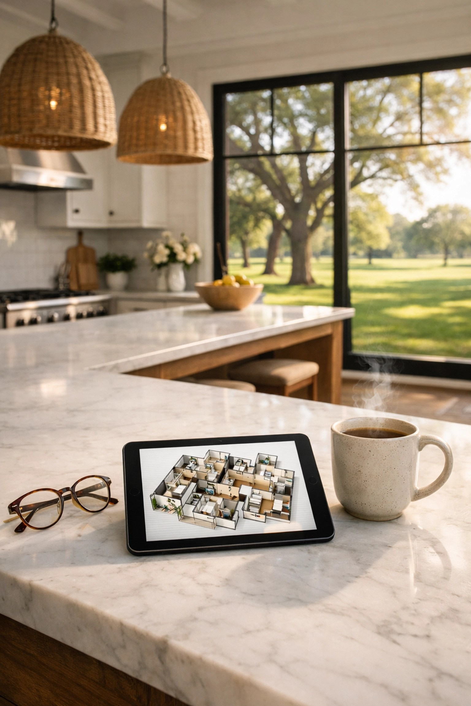 Planning a Carroll County home purchase in a modern farmhouse kitchen with a floor plan on a tablet.