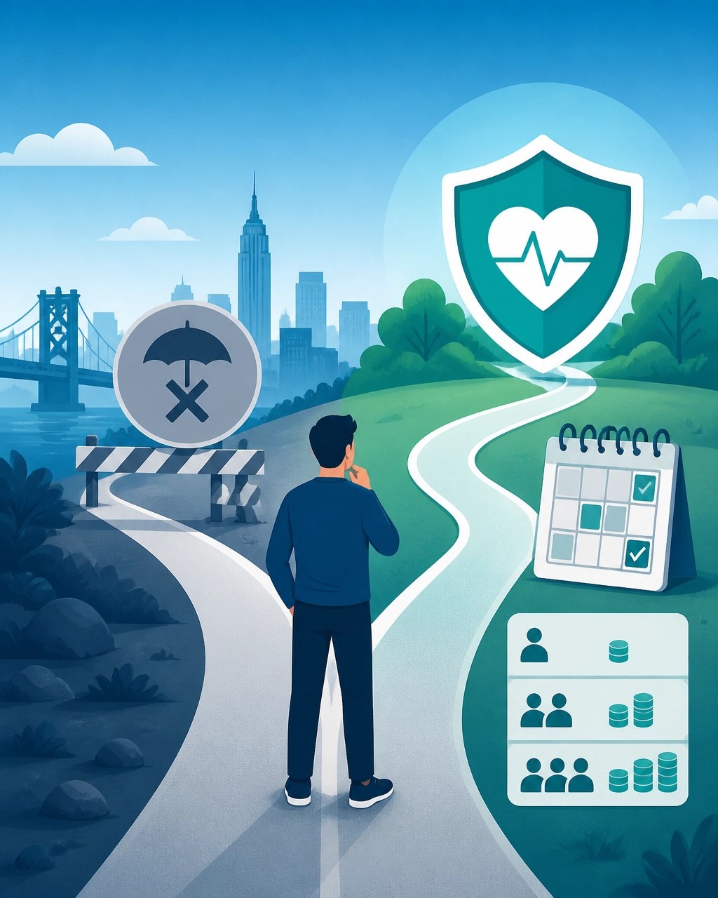 Illustration of a New York consumer moving from one health coverage path to another
