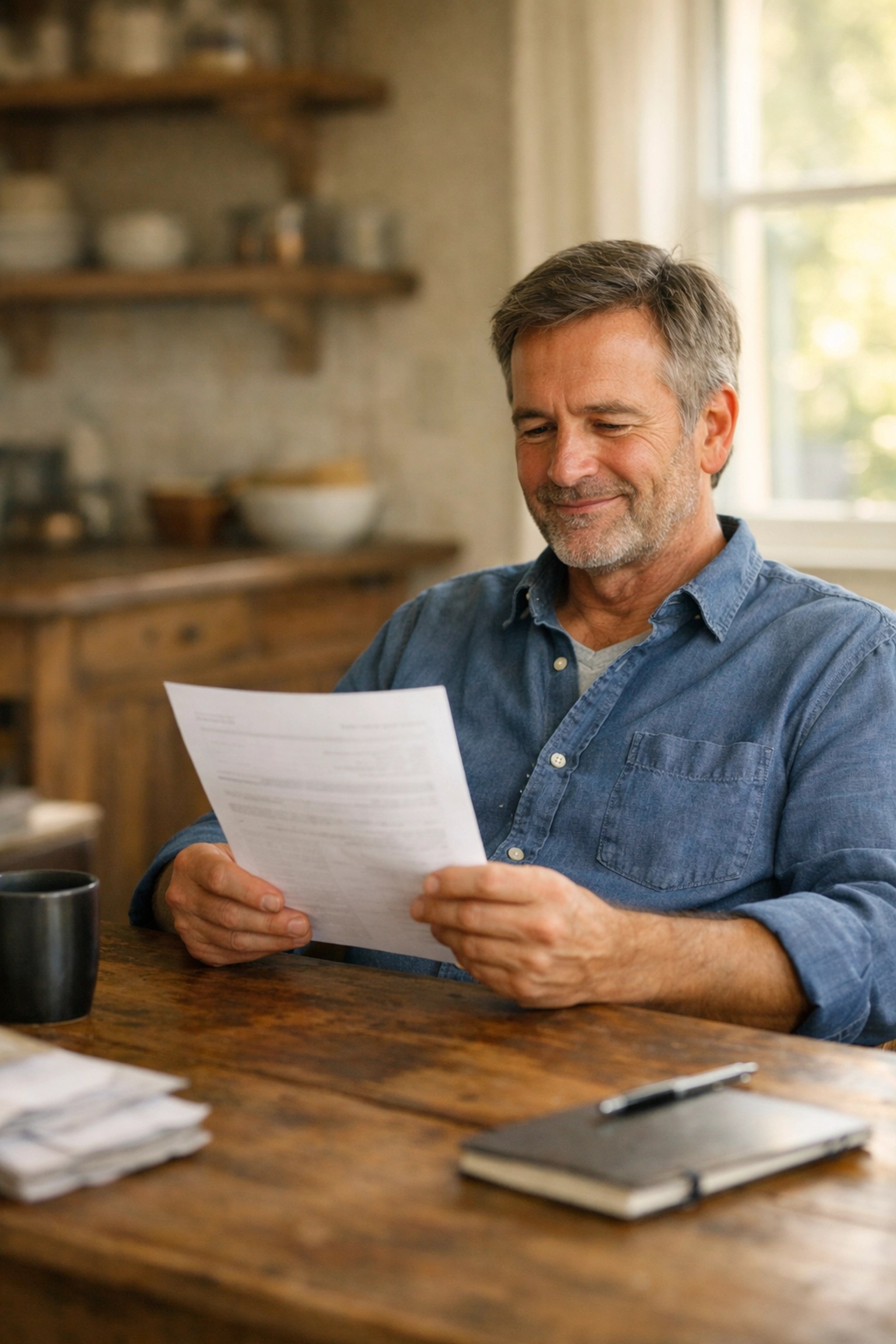 A relieved man reviewing a debt consolidation plan in a sunlit kitchen, representing a clear debt payoff strategy.