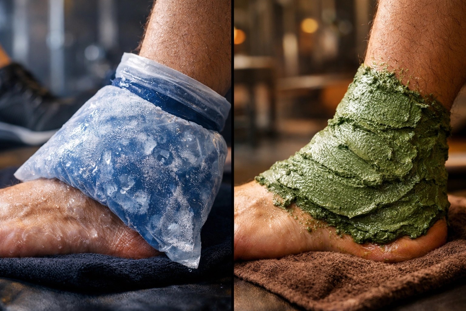 Comparison of an ice pack versus a thick green clay poultice on an athlete's ankle for sports recovery.
