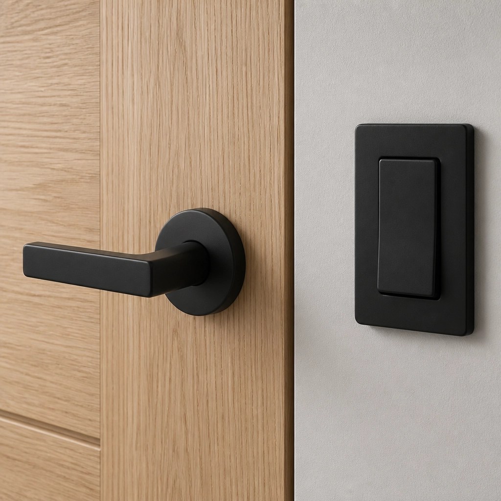 Close-up of a high-quality matte black lever-style door handle and a large rocker-style light switch on a modern door.
