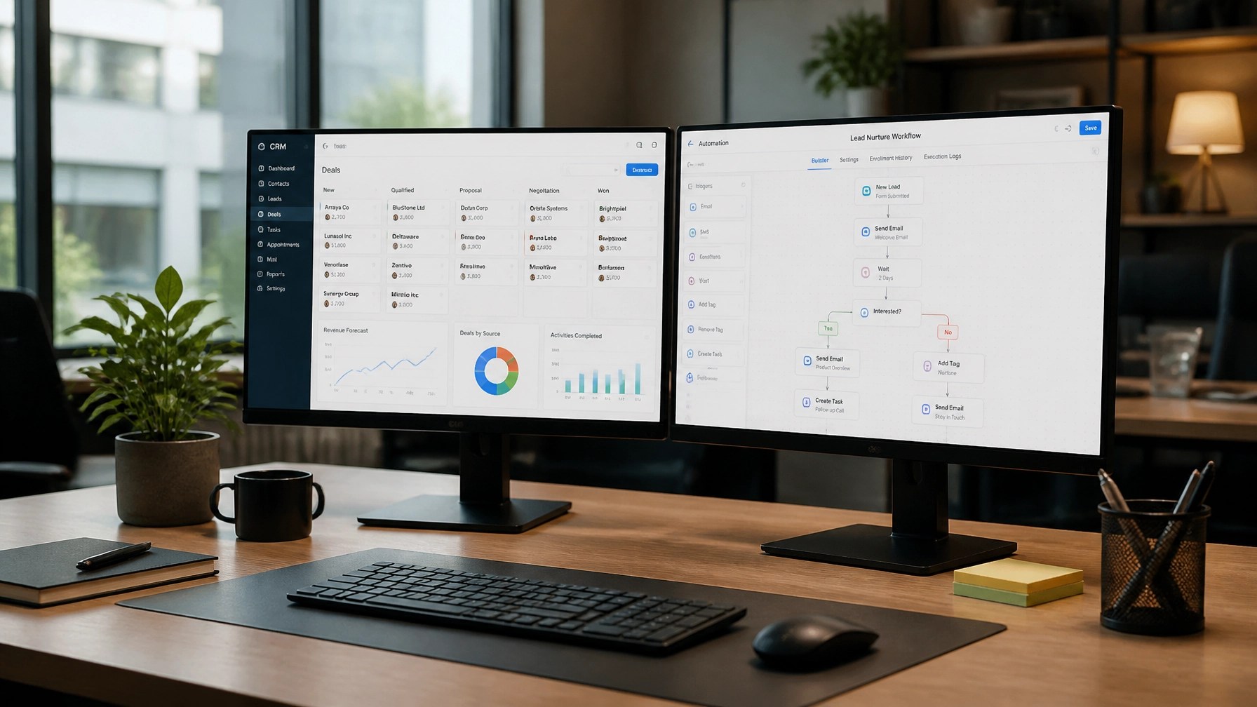 Office setup with dual monitors displaying CRM workflows