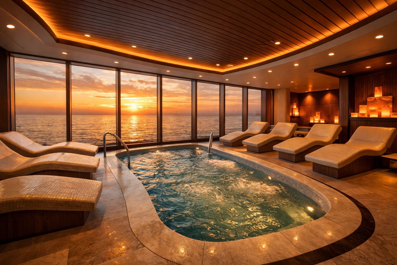 The reimagined Greenhouse Spa on Holland America Oosterdam featuring a luxury hydropool and ocean views.