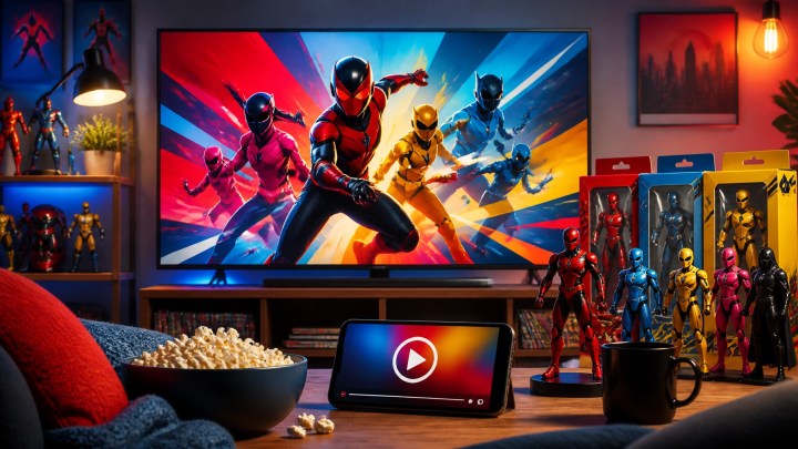 A colorful superhero web series being filmed for online audiences alongside toys and creator equipment