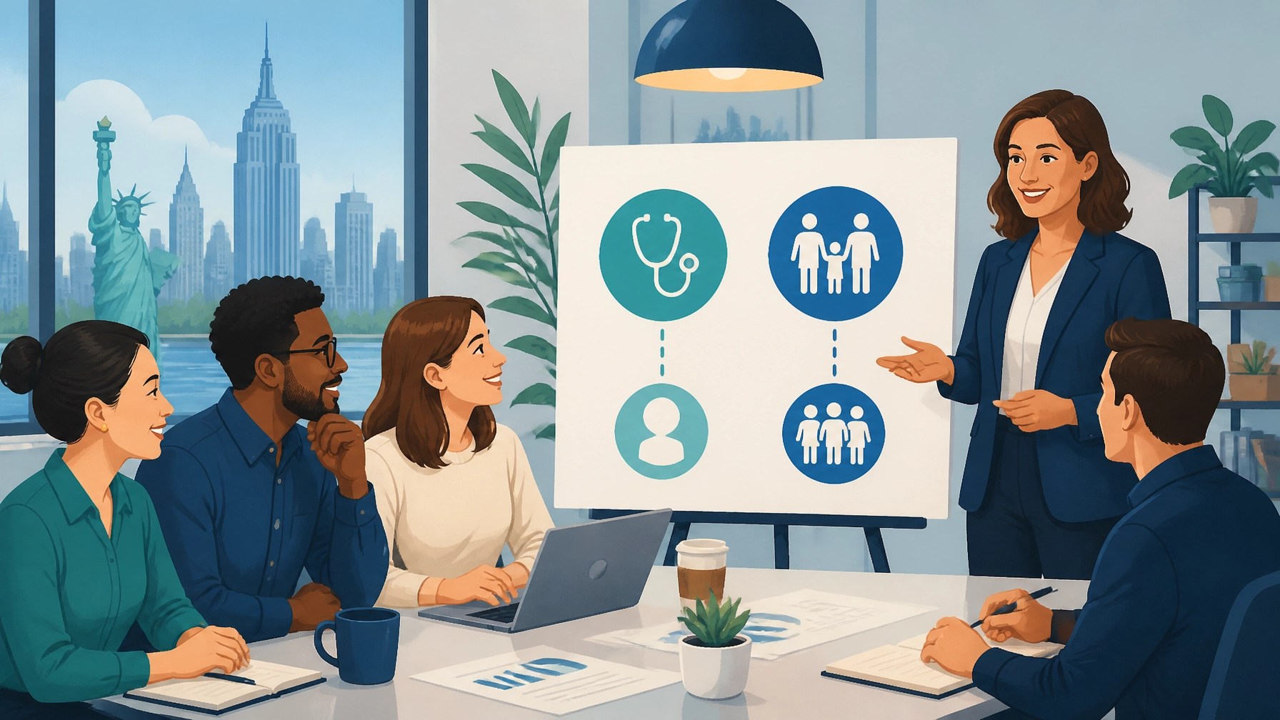 New York small-business employees discussing individual health coverage reimbursement options with an advisor