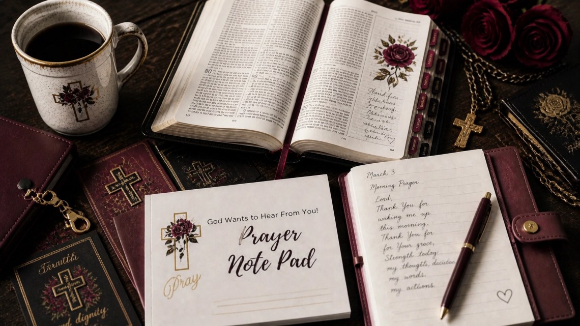 Hyper-realistic Bible journaling scene with handwritten pages, a ceramic mug, burgundy leather accents, black metal hardware, and antique gold details