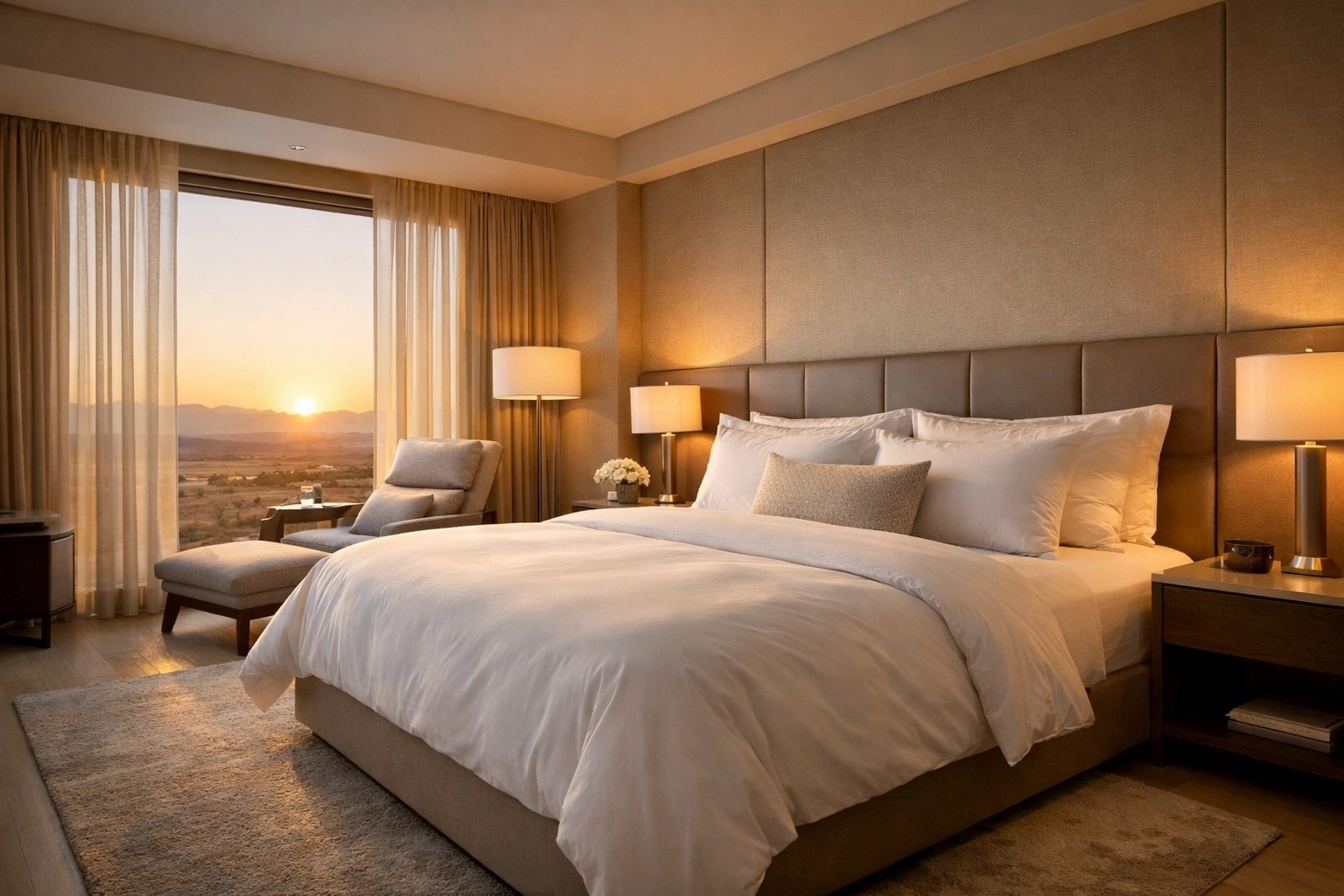 A bright and modern luxury hotel suite in Las Vegas featuring a king-sized bed and sunrise view.