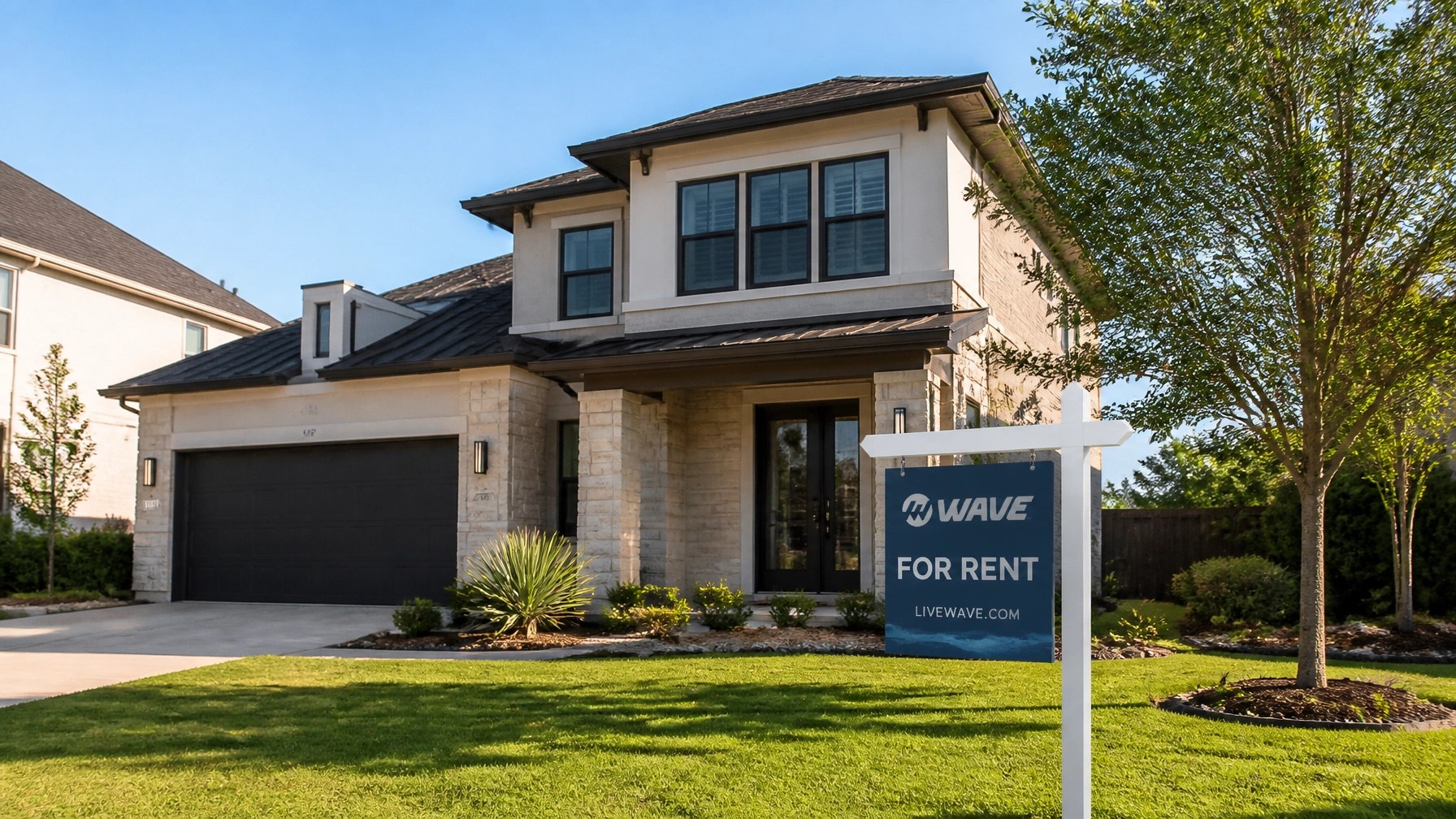 A modern Texas suburban rental home with a "For Rent" sign in the front yard.