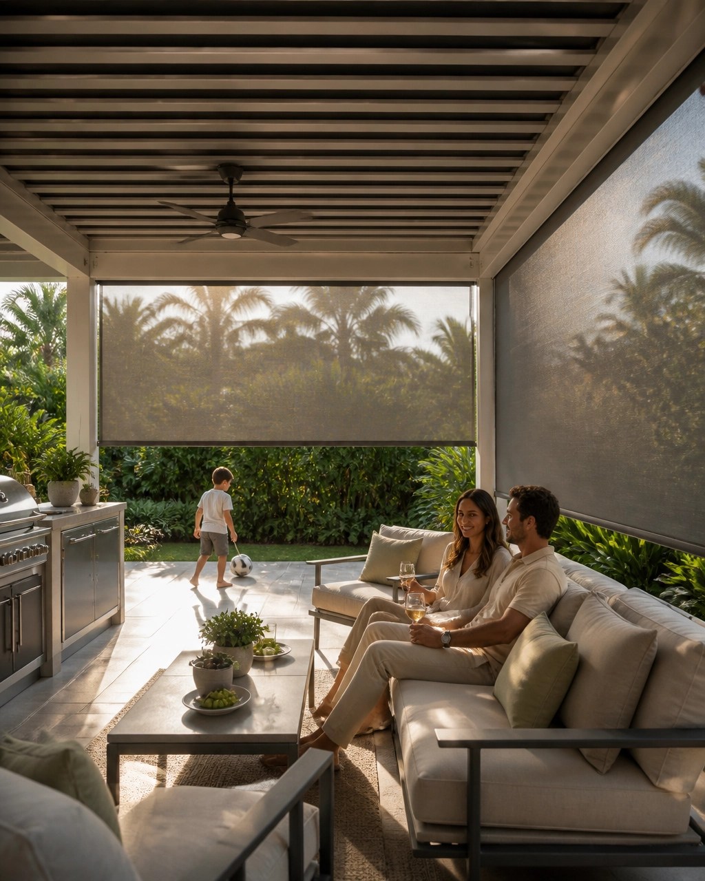 Motorized patio screens filtering sunlight around a comfortable family outdoor room