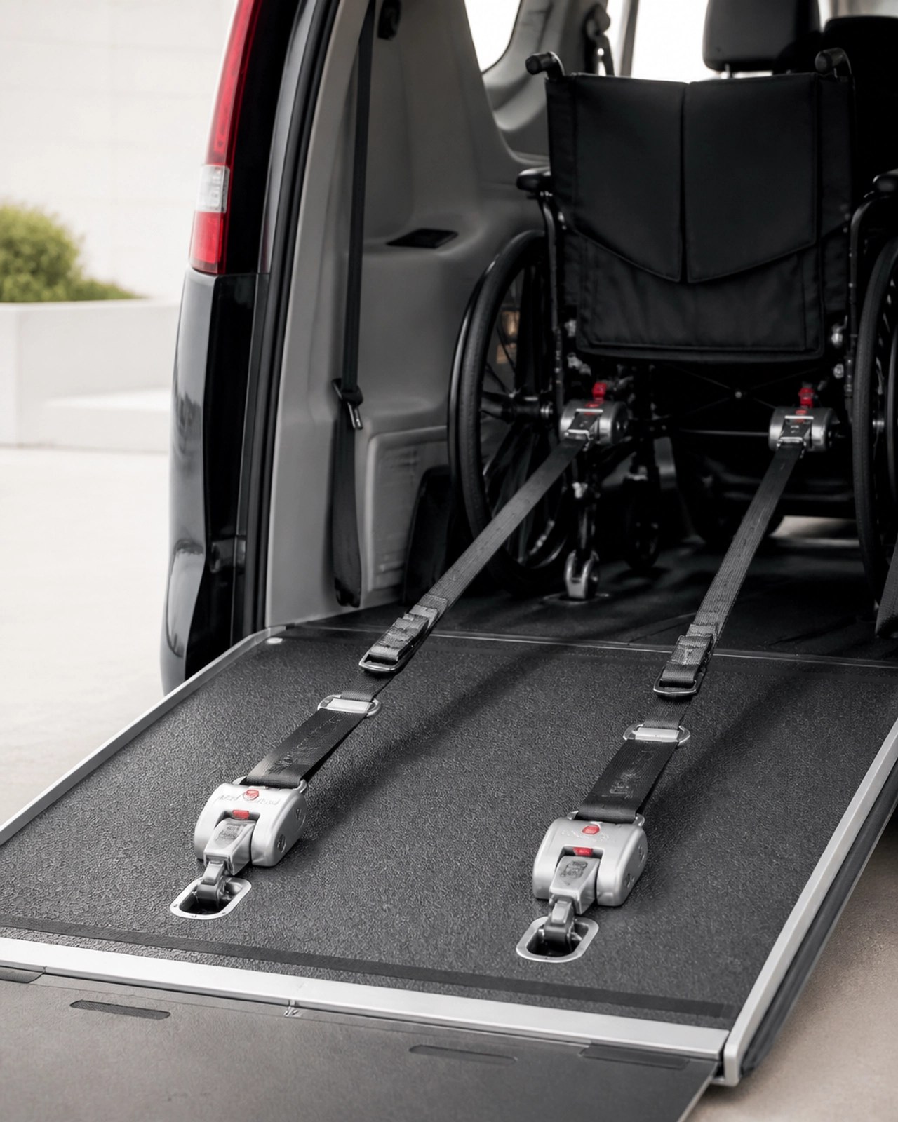 Close-up of wheelchair securement equipment in a van