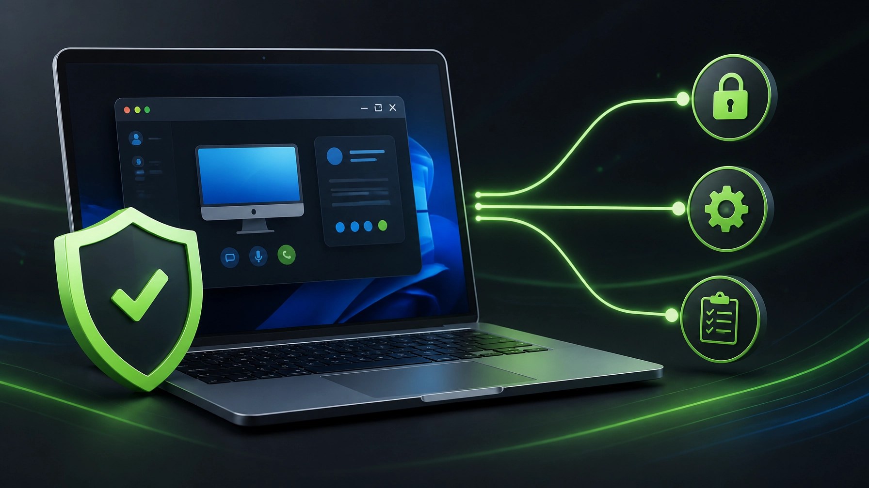 Laptop displaying secure remote support and cybersecurity concepts