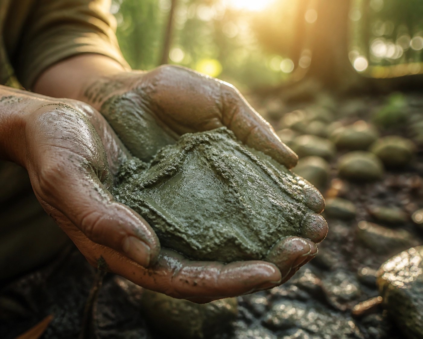 Hands holding raw healing clay in a natural forest to illustrate earthing and grounding detox benefits.