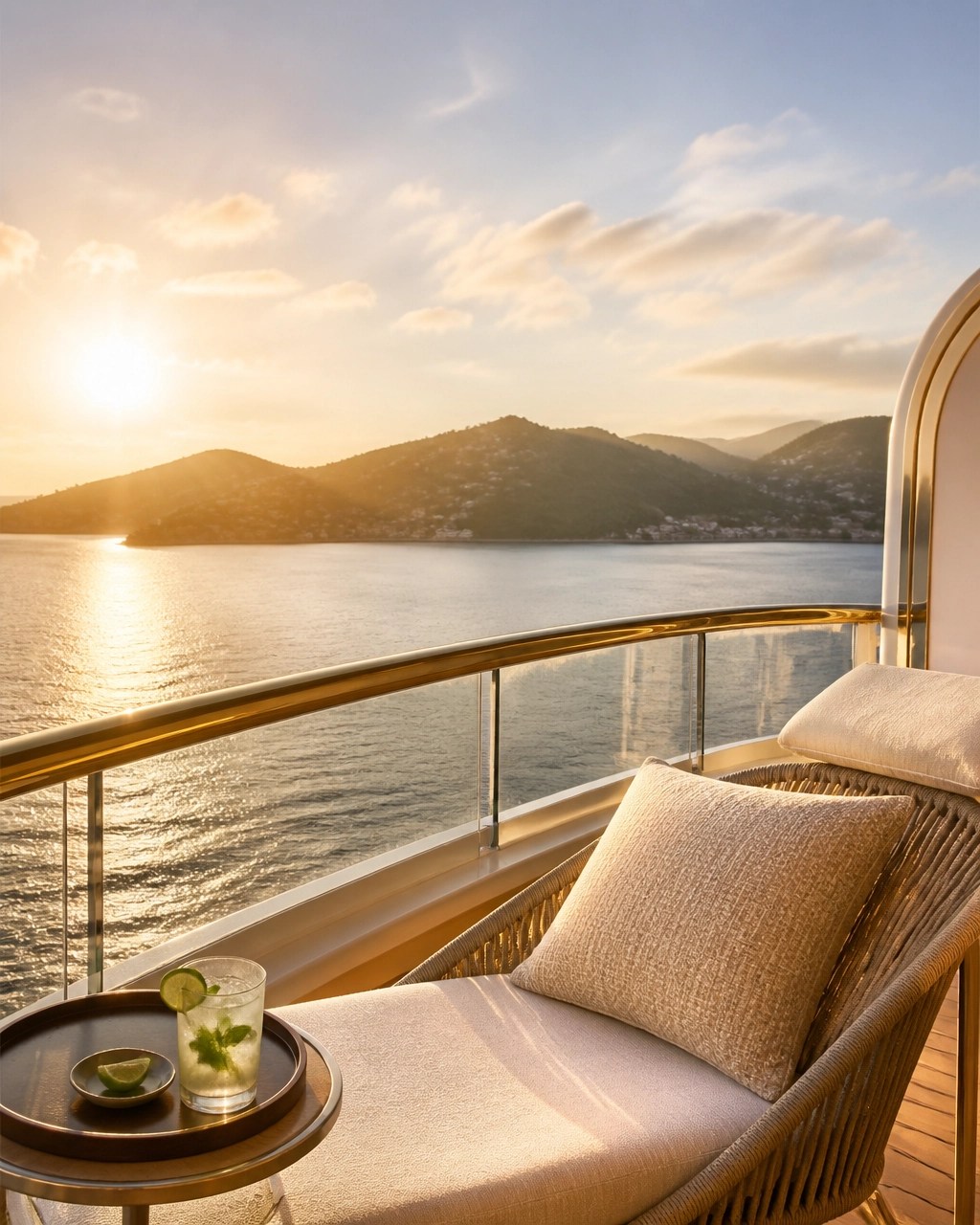 Empty luxury cruise ship balcony overlooking brilliant Caribbean water