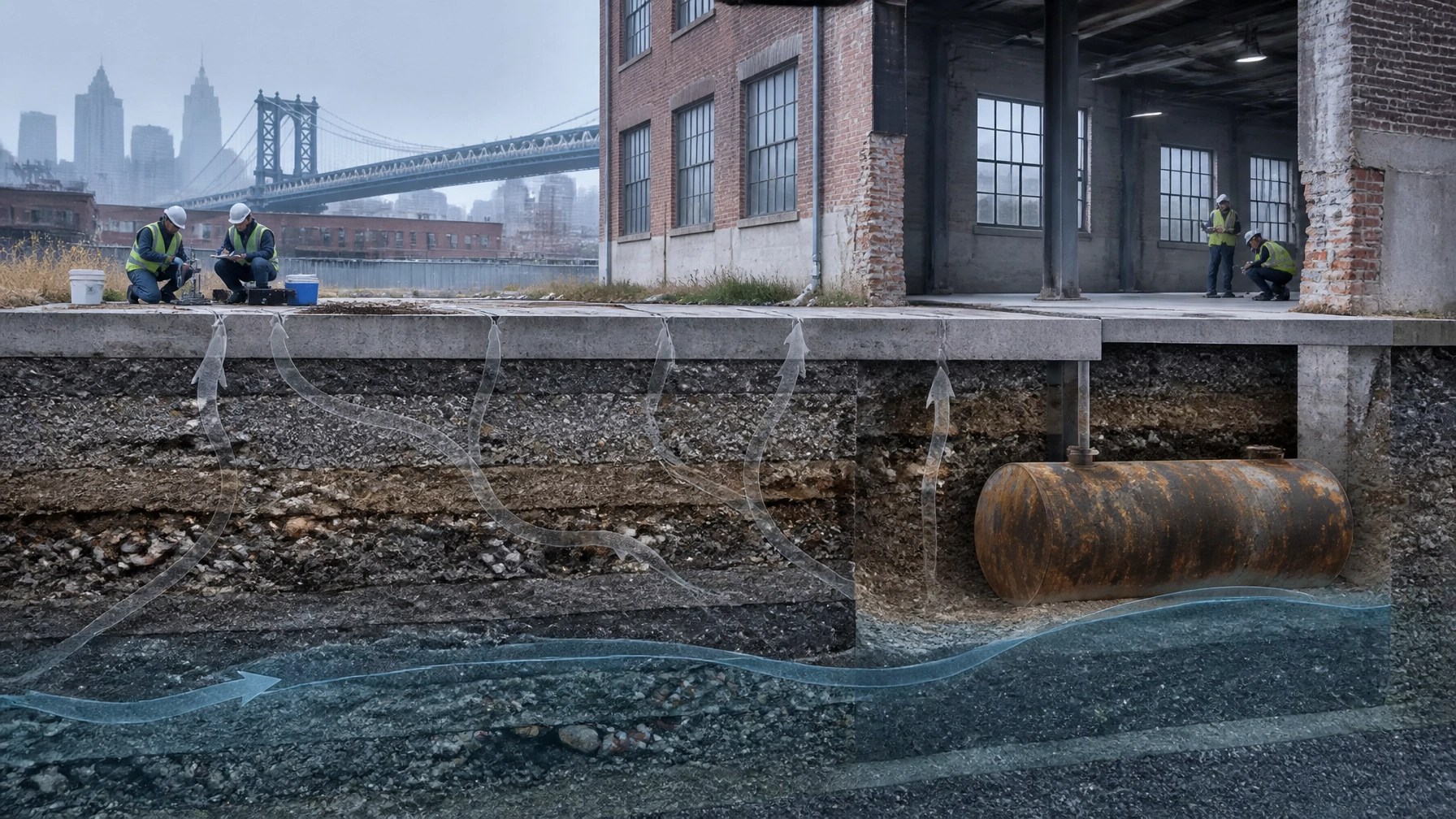 Technical cutaway visualization of soil, groundwater, historic fill, a former tank, and vapor pathways beneath a Brooklyn redevelopment site