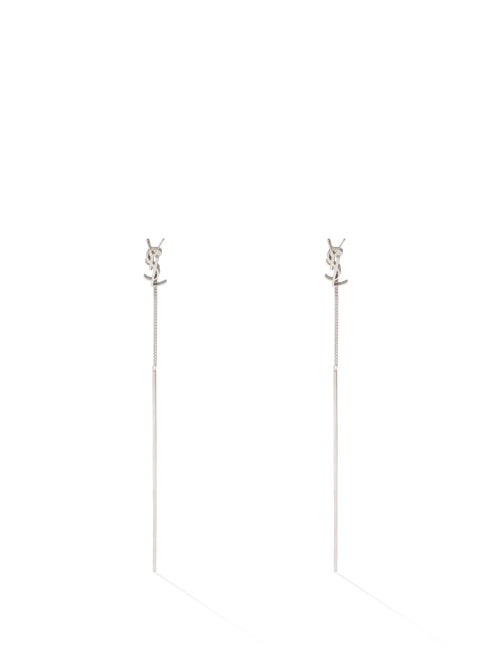 Pair of drop earrings featuring a chain worked in the style of a rope and a ysl charm. Saint Laurent Opyum Earrings With Monogram In Silver Modesens