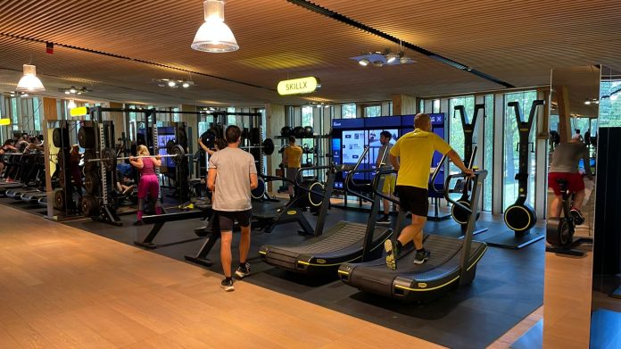 An exercise class being held during lunchtime at the Technogym village 